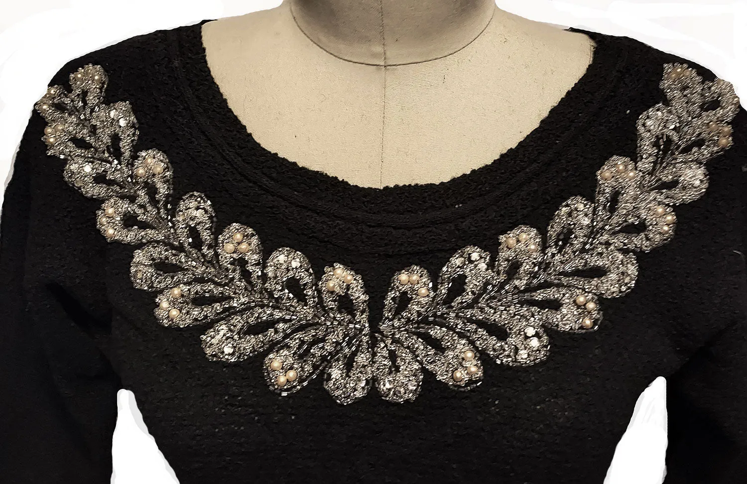 *  VINTAGE BLACK KNIT DRESS ADORNED WITH FABULOUS PRONG-SET RHINESTONES, FAUX PEARLS AND BEADS