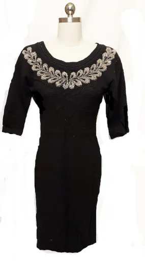 *  VINTAGE BLACK KNIT DRESS ADORNED WITH FABULOUS PRONG-SET RHINESTONES, FAUX PEARLS AND BEADS