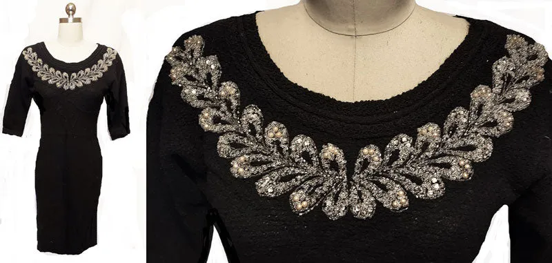 *  VINTAGE BLACK KNIT DRESS ADORNED WITH FABULOUS PRONG-SET RHINESTONES, FAUX PEARLS AND BEADS