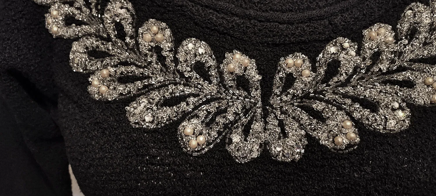 *  VINTAGE BLACK KNIT DRESS ADORNED WITH FABULOUS PRONG-SET RHINESTONES, FAUX PEARLS AND BEADS