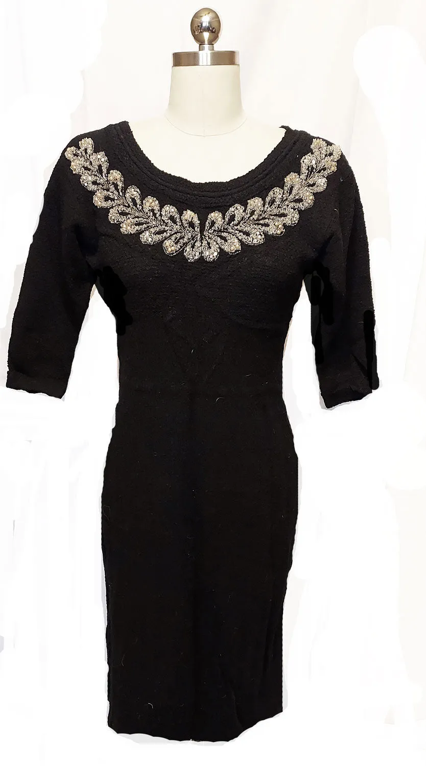 *  VINTAGE BLACK KNIT DRESS ADORNED WITH FABULOUS PRONG-SET RHINESTONES, FAUX PEARLS AND BEADS