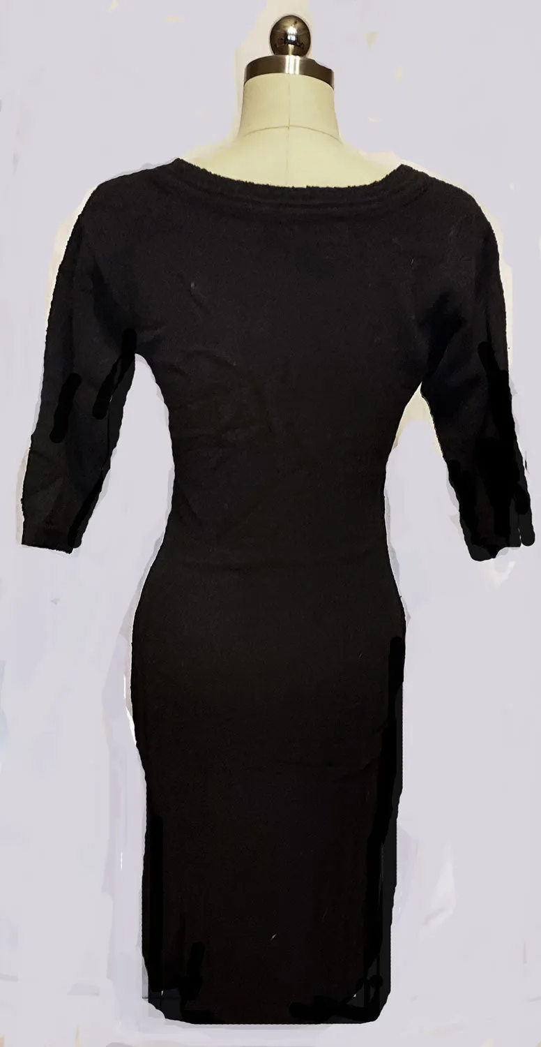 *  VINTAGE BLACK KNIT DRESS ADORNED WITH FABULOUS PRONG-SET RHINESTONES, FAUX PEARLS AND BEADS