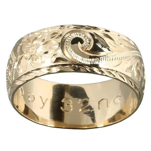 14K Yellow Gold Custom-Made Hawaiian Heirloom Scroll with Black Enamel Diamond Cut Edge Ring (Thickness 1.5mm)
