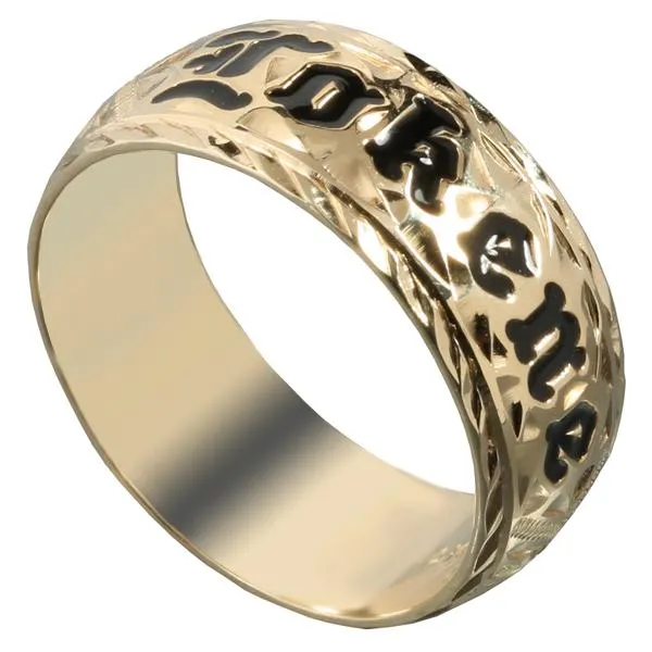 14K Yellow Gold Custom-Made Hawaiian Heirloom Scroll with Black Enamel Diamond Cut Edge Ring (Thickness 1.5mm)