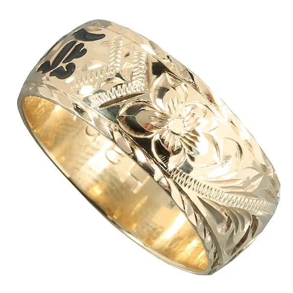 14K Yellow Gold Custom-Made Hawaiian Heirloom Scroll with Black Enamel Diamond Cut Edge Ring (Thickness 1.5mm)