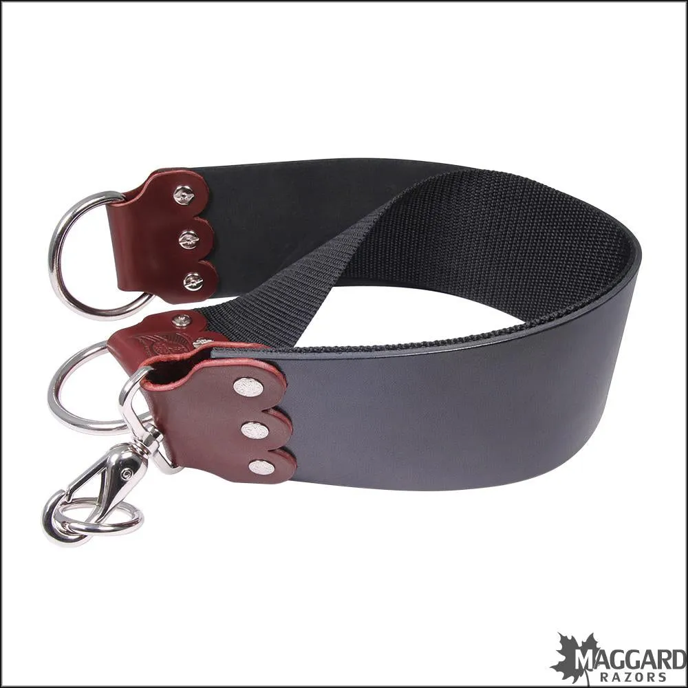 3" Latigo Leather Strop, Black, Nylon Webbing, D Rings, Handmade in USA by Mountain Mike