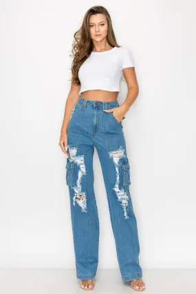 4890 Women's Cargo Pants High Waisted Ripped Straight Jeans