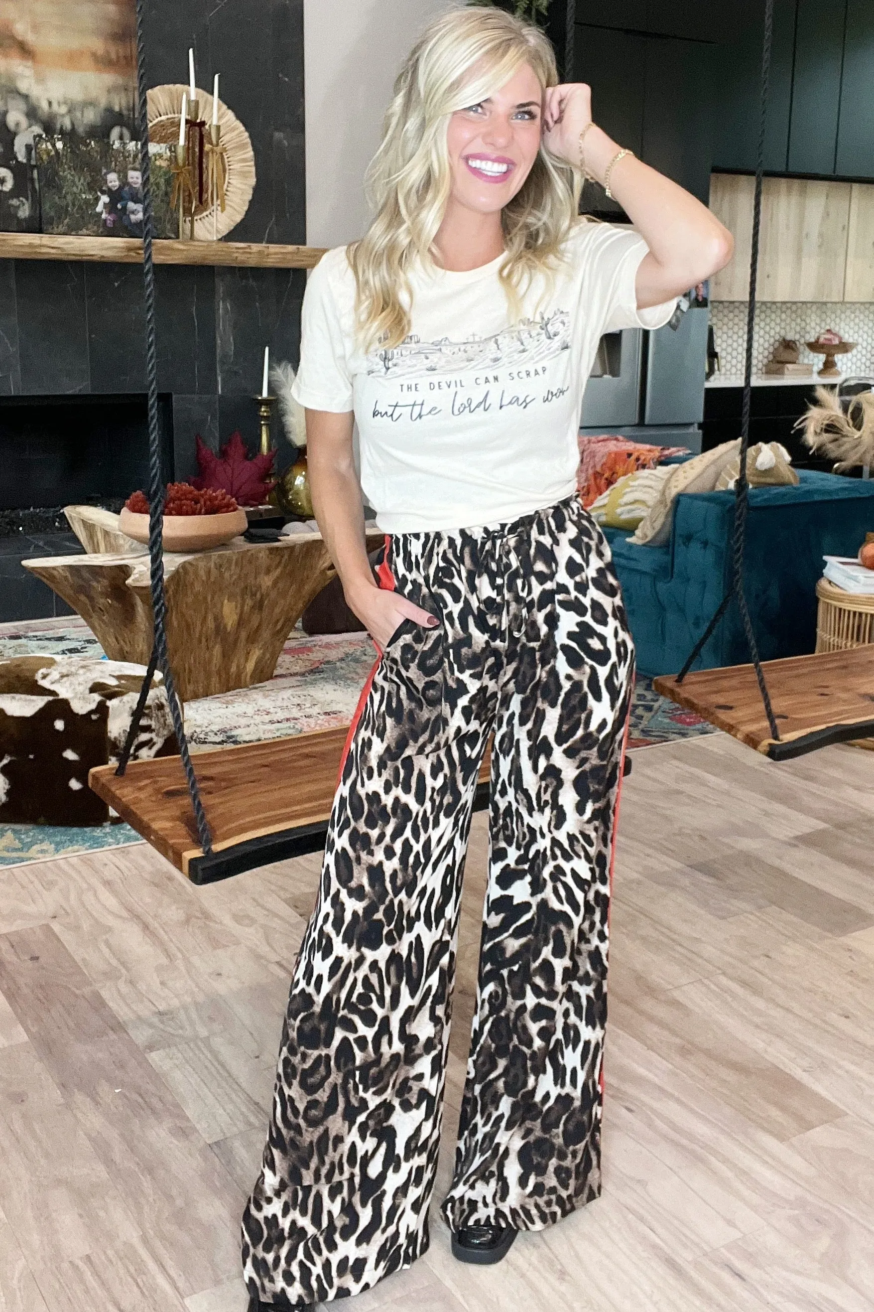 Animal Print Wide Leg Satin Pants