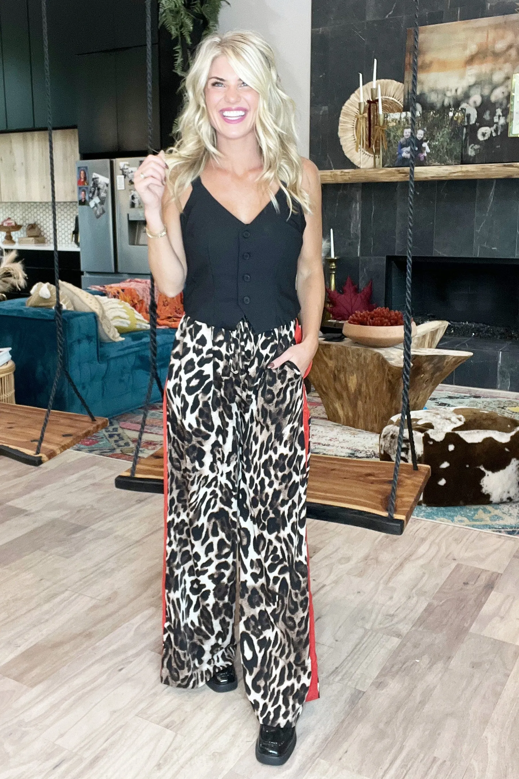 Animal Print Wide Leg Satin Pants