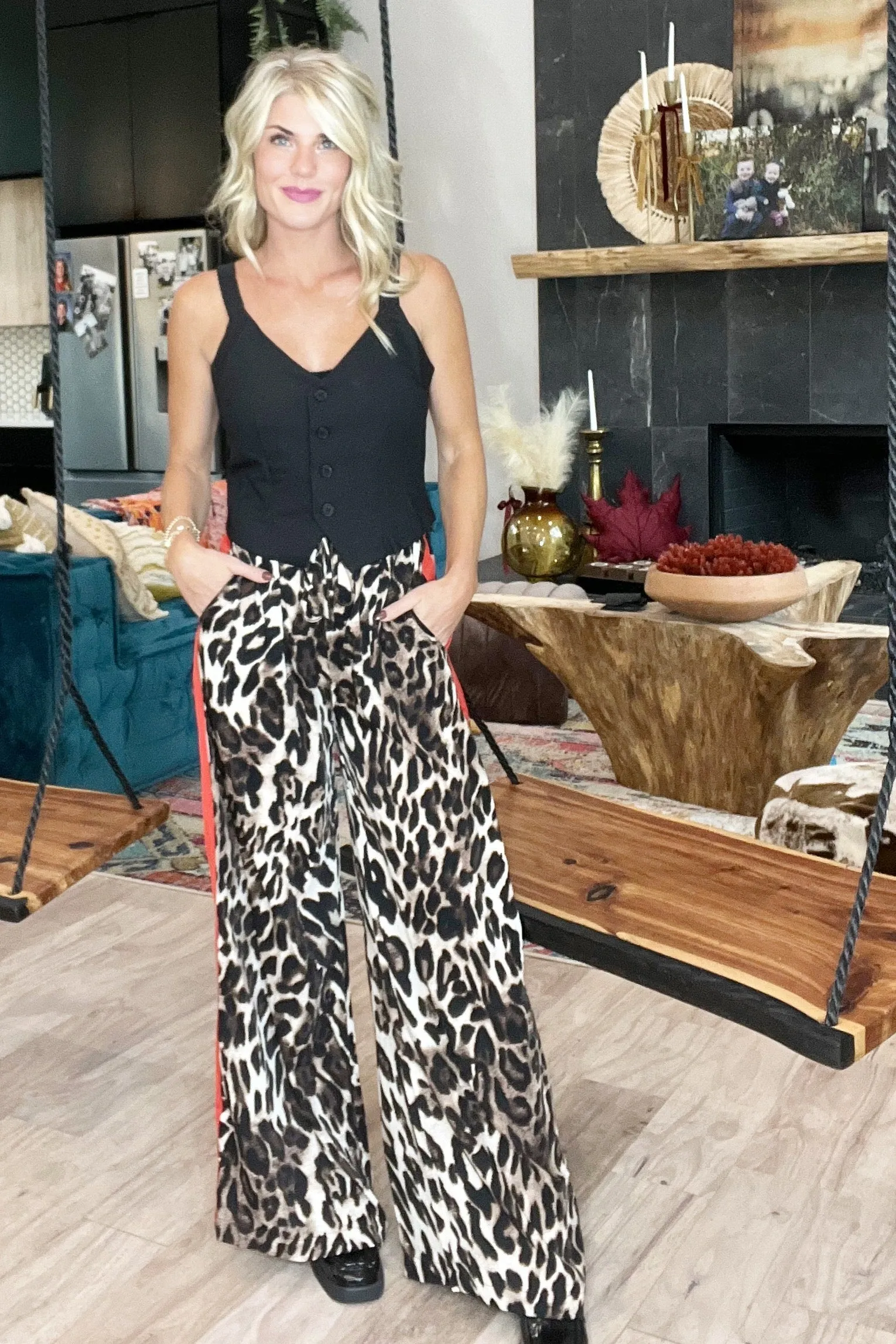 Animal Print Wide Leg Satin Pants