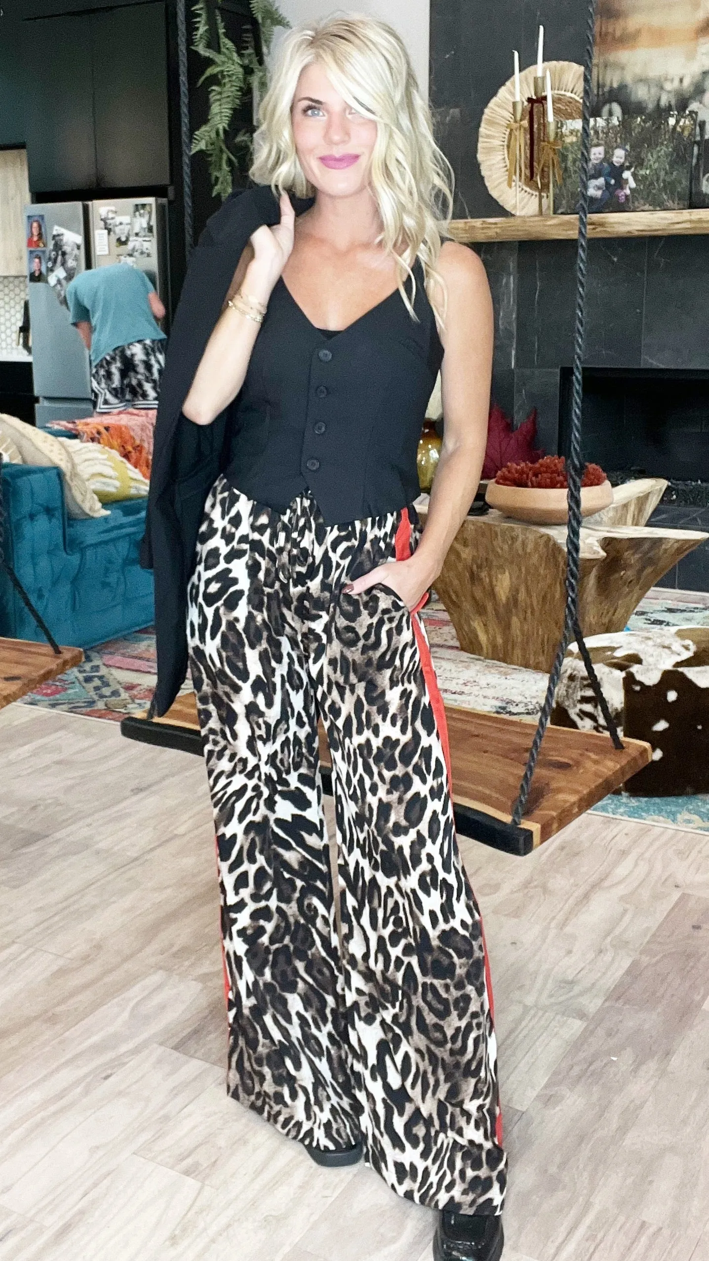Animal Print Wide Leg Satin Pants