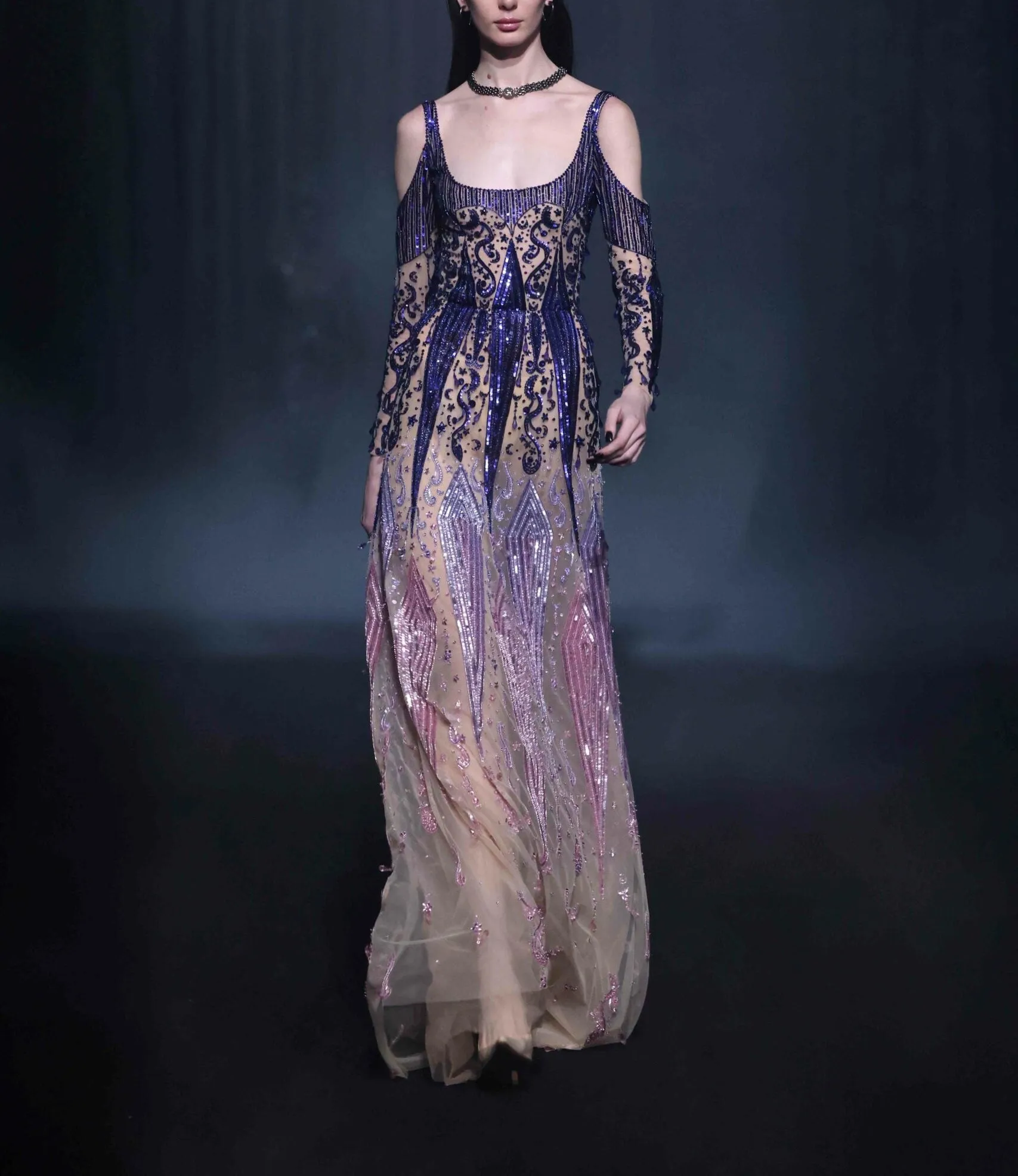 Beaded Tulle Shoulder Cut Long Dress