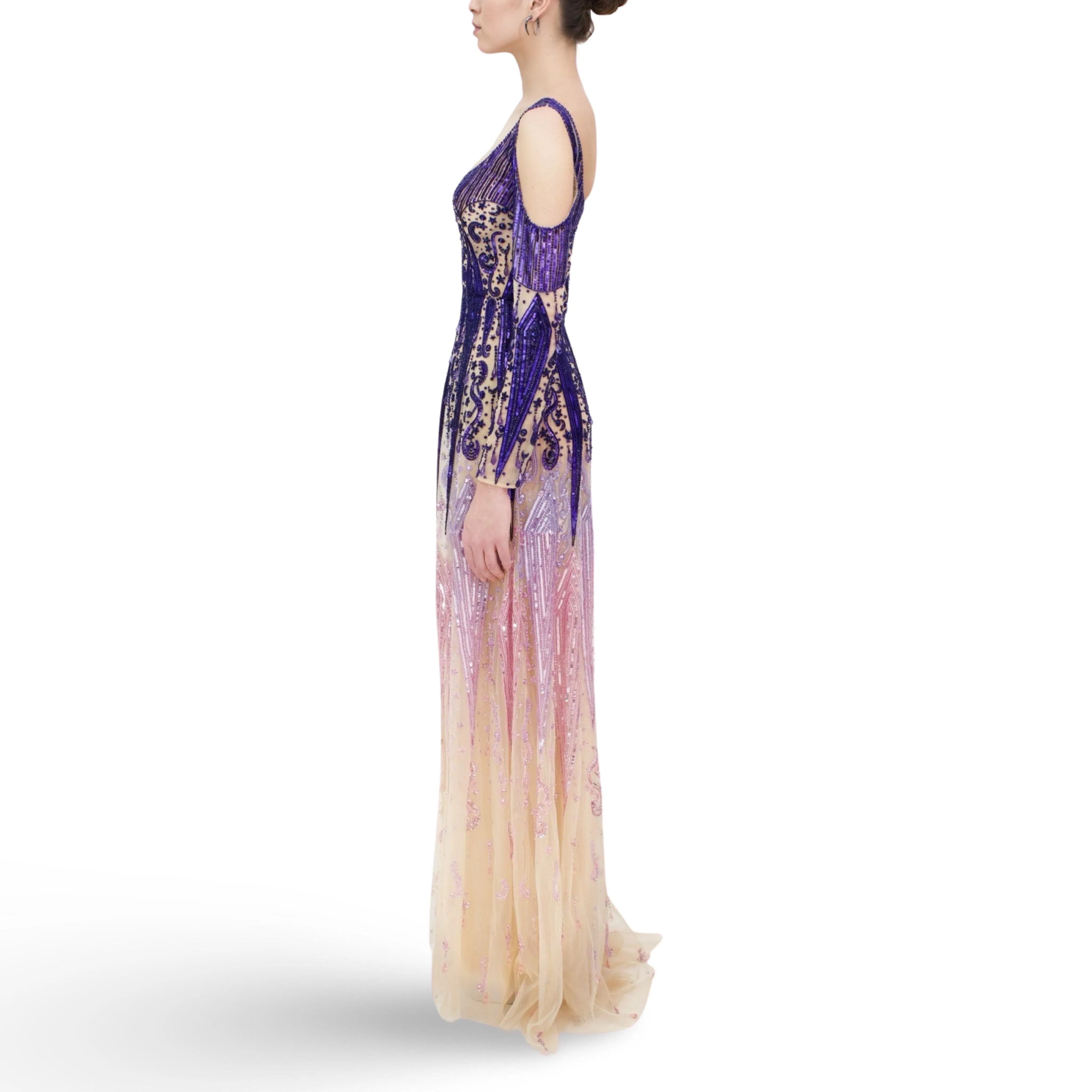 Beaded Tulle Shoulder Cut Long Dress