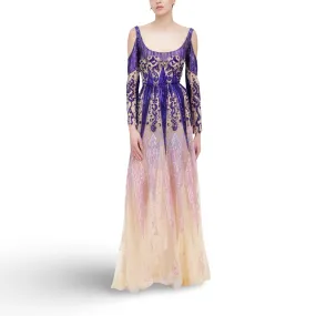 Beaded Tulle Shoulder Cut Long Dress