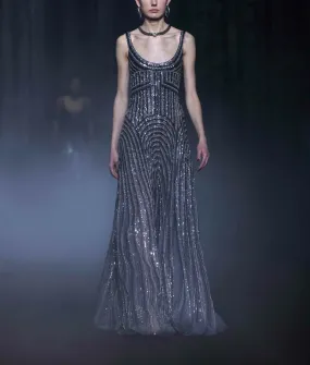 Beaded Tulle Sleeveless Long Dress