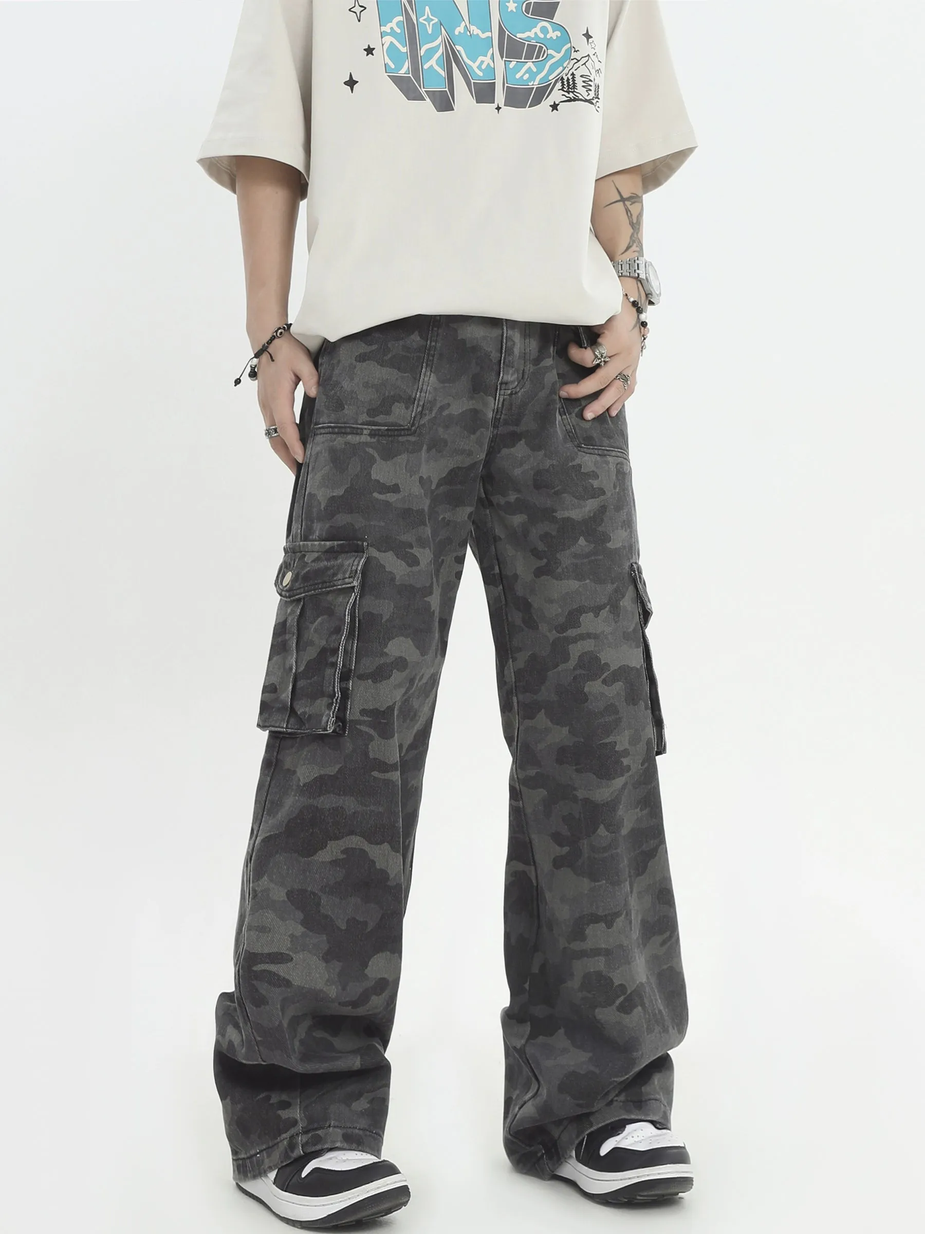 Camo Print Cargo Straight-Leg Trousers