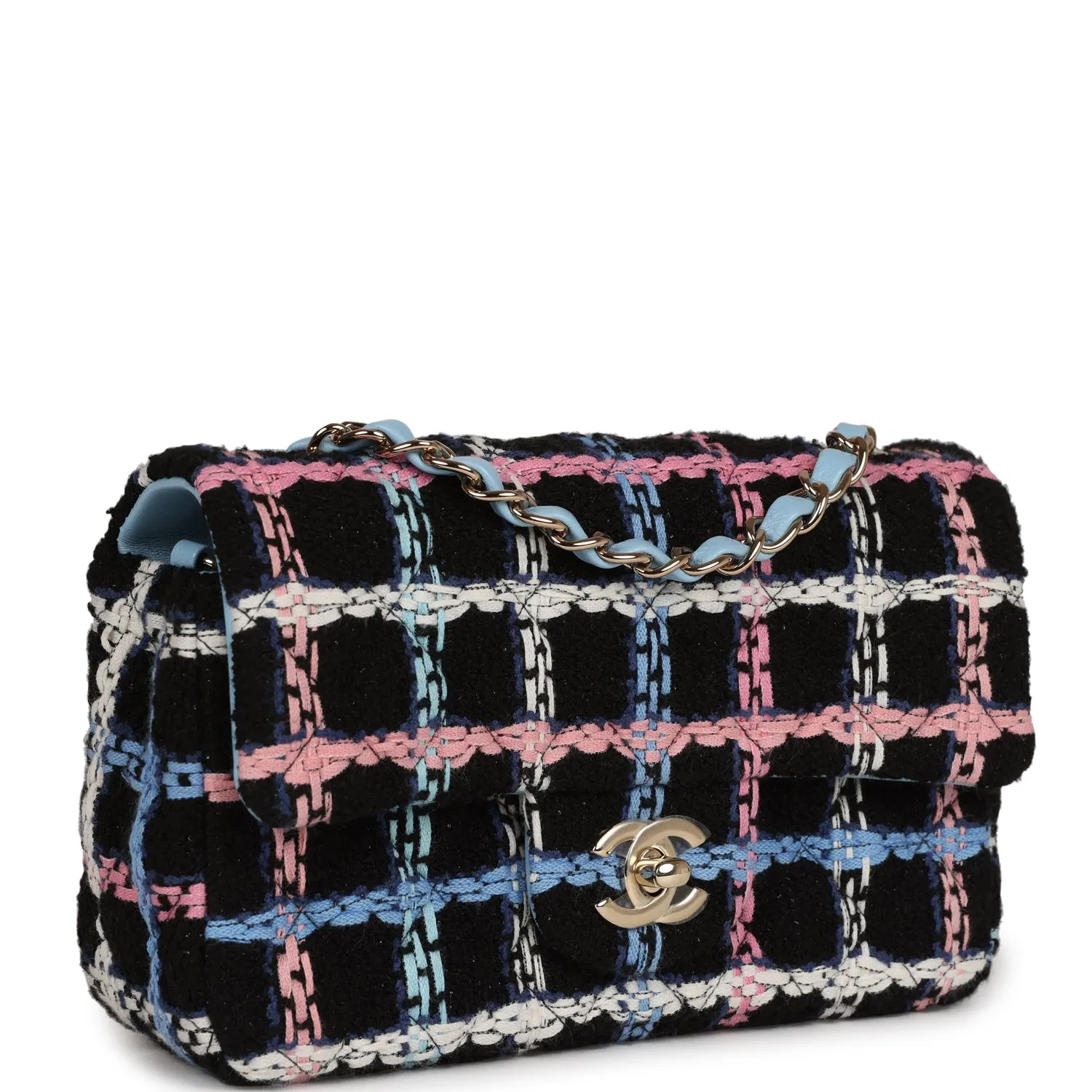 Chanel Mini Rectangular Flap Bag Black Multicolor Tweed Light Gold Hardware