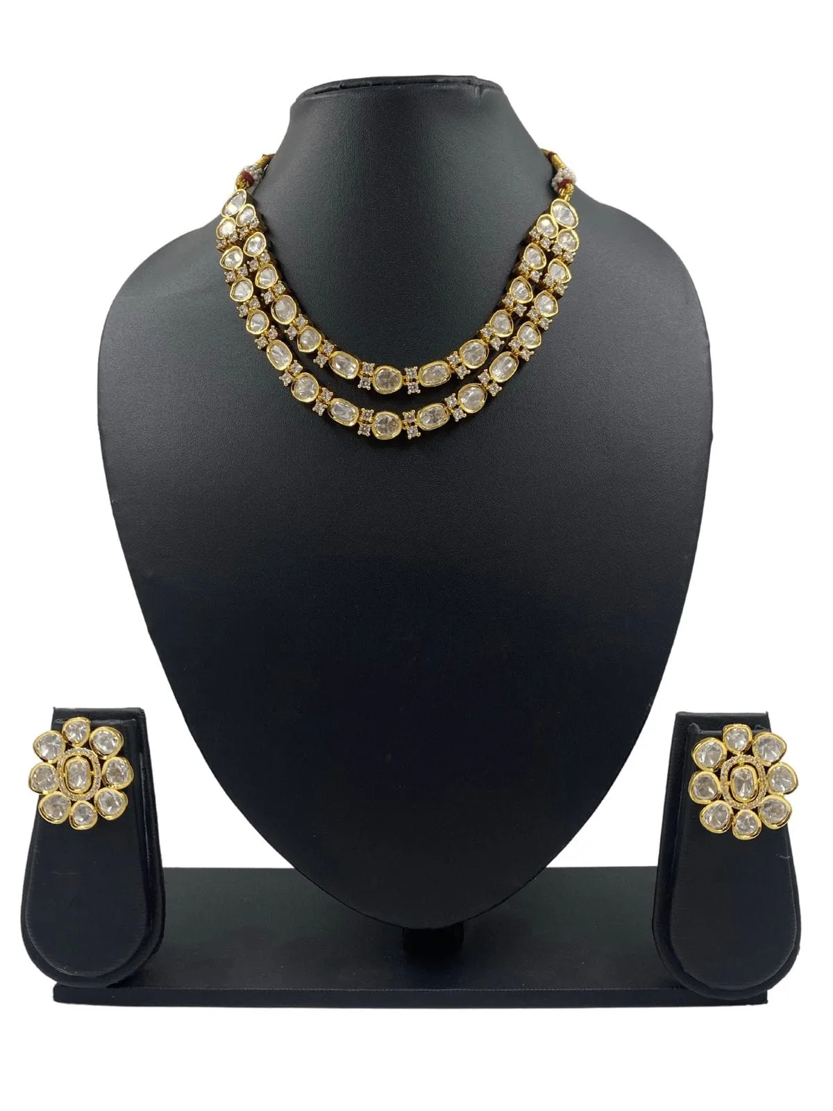 Designer Modern Double Layered Uncut Polki Necklace Set By Gehna Shop