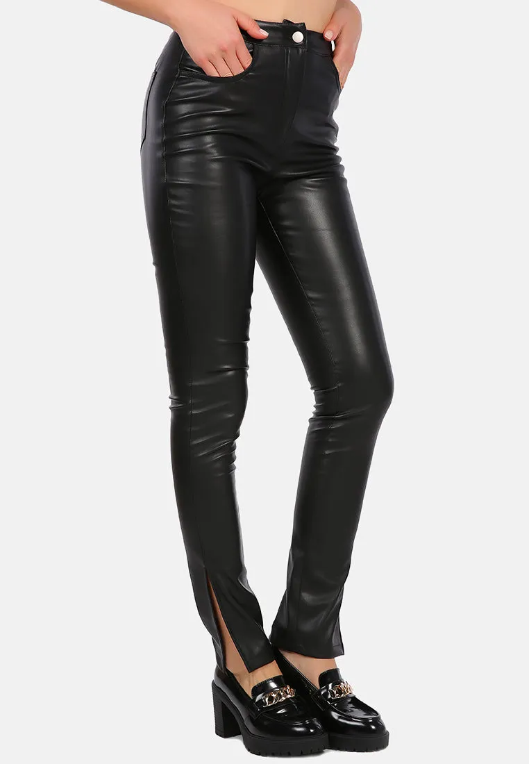 Faux Leather High Waist Split Hem Trouser