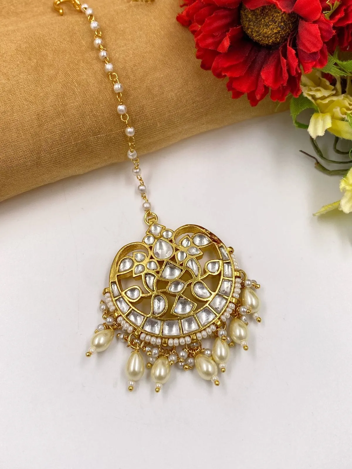 Gold Plated Jadau Kundan And Pearl Maang Tikka For Ladies By Gehna Shop