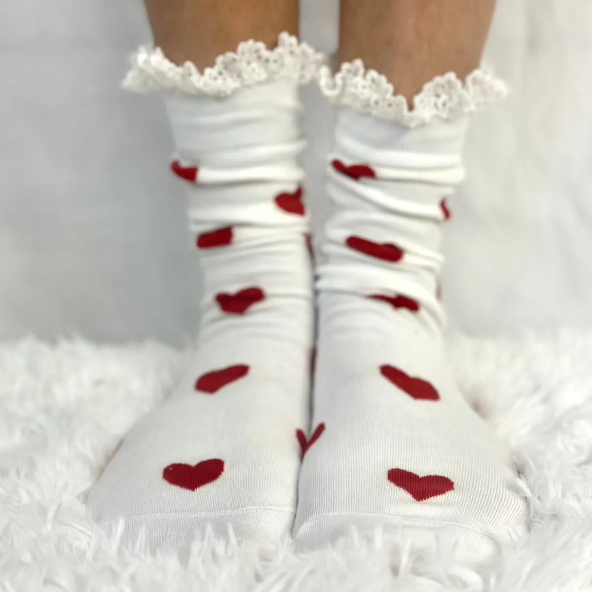 HEARTS DELIGHT  lace top heart ankle sock -  red