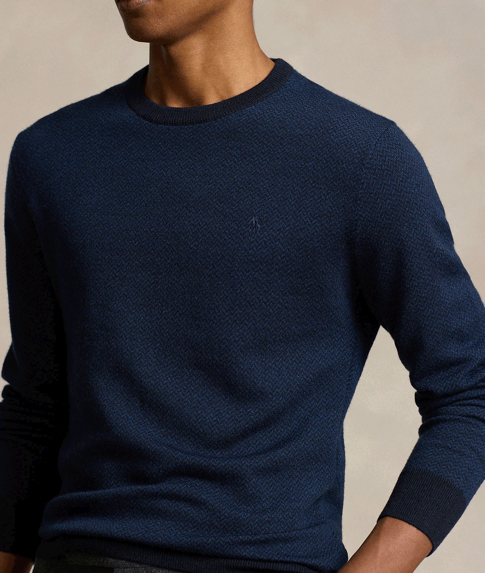 Herringbone-knit Washable Wool Sweater - Navy