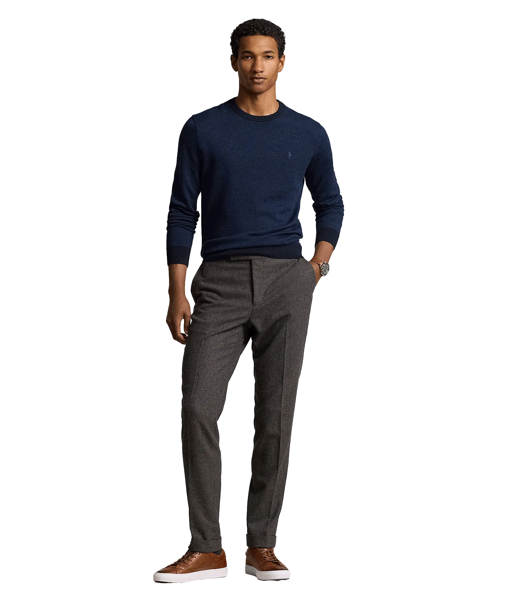 Herringbone-knit Washable Wool Sweater - Navy