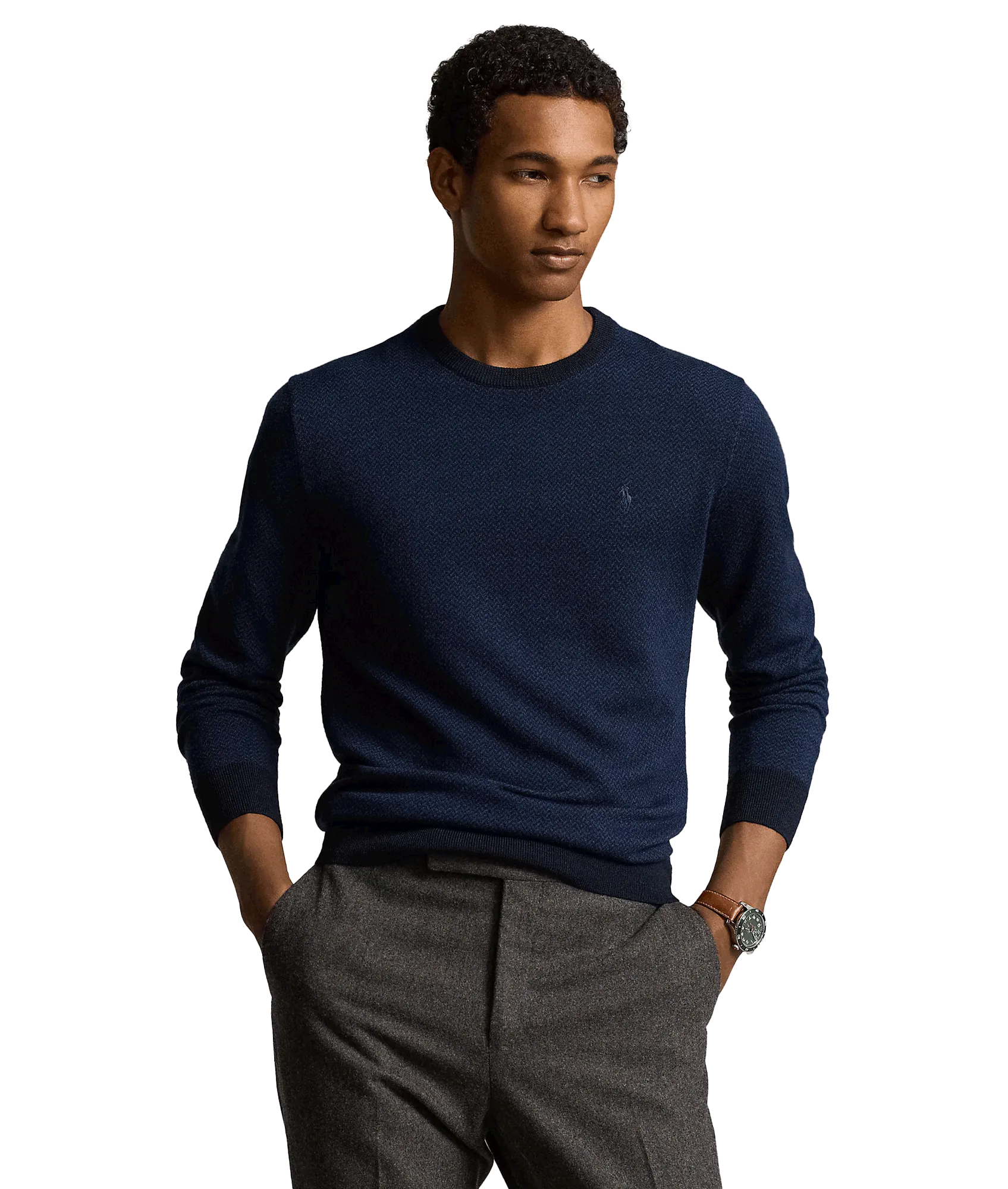 Herringbone-knit Washable Wool Sweater - Navy