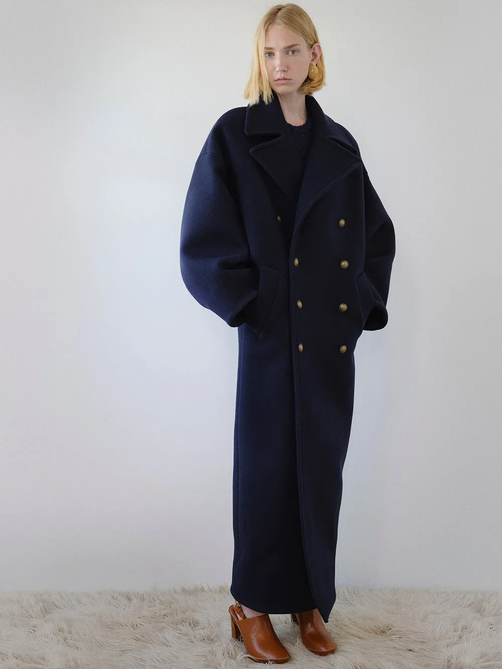 Long Oversized Cocoon Coat -- Navy