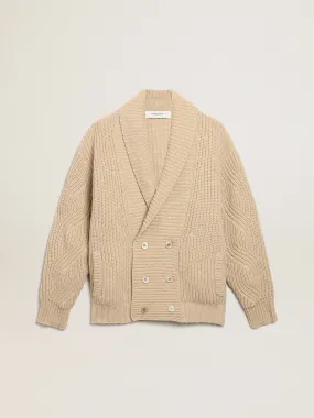 Men's double-breasted beige wool cardigan with leather patches