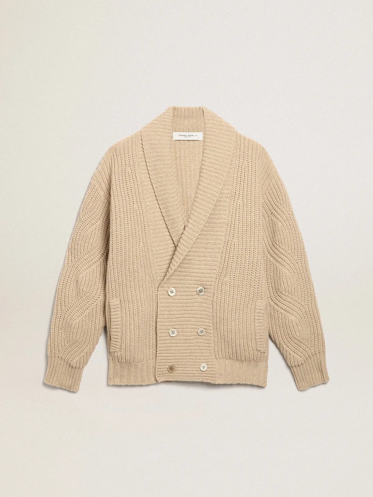 Men's double-breasted beige wool cardigan with leather patches