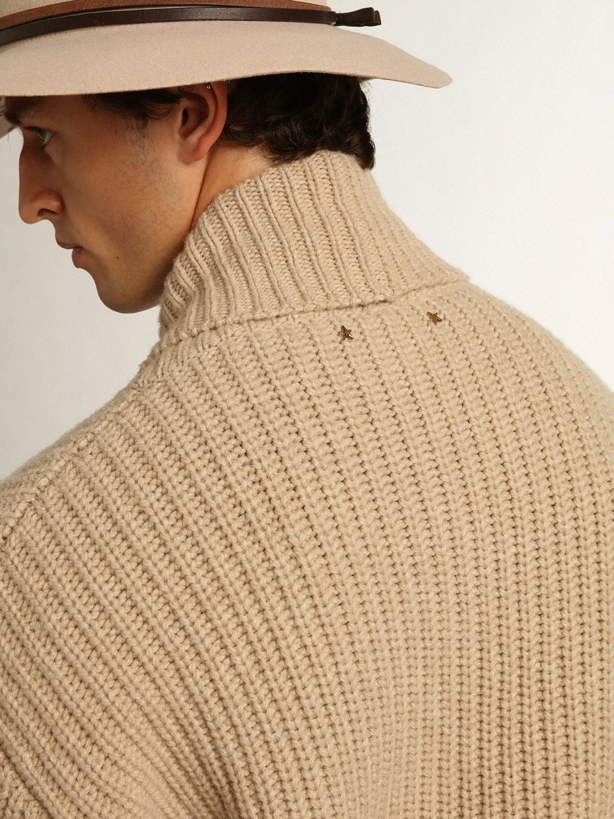 Men's double-breasted beige wool cardigan with leather patches