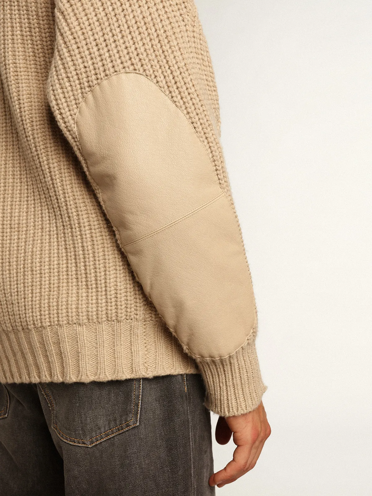 Men's double-breasted beige wool cardigan with leather patches