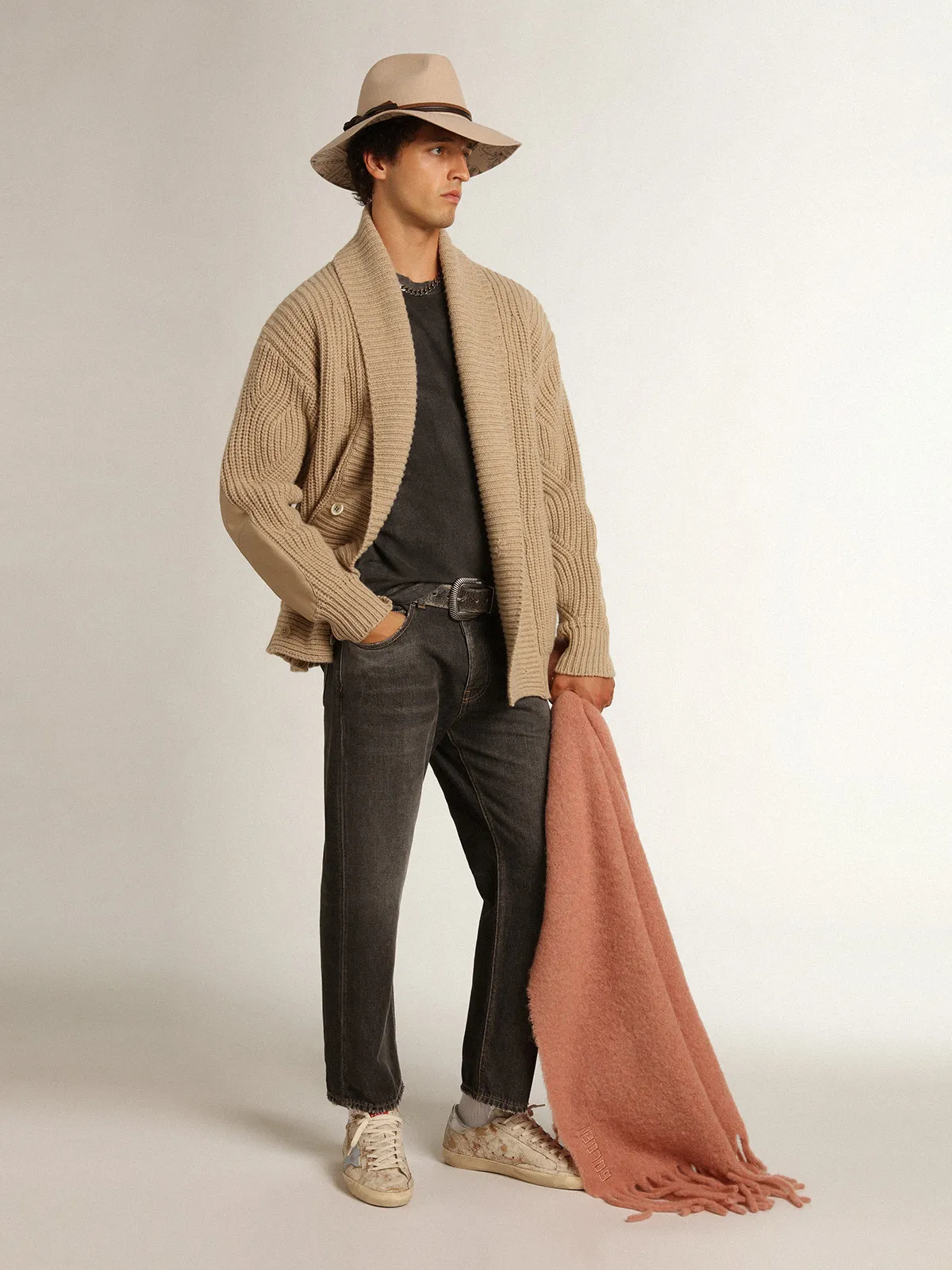 Men's double-breasted beige wool cardigan with leather patches