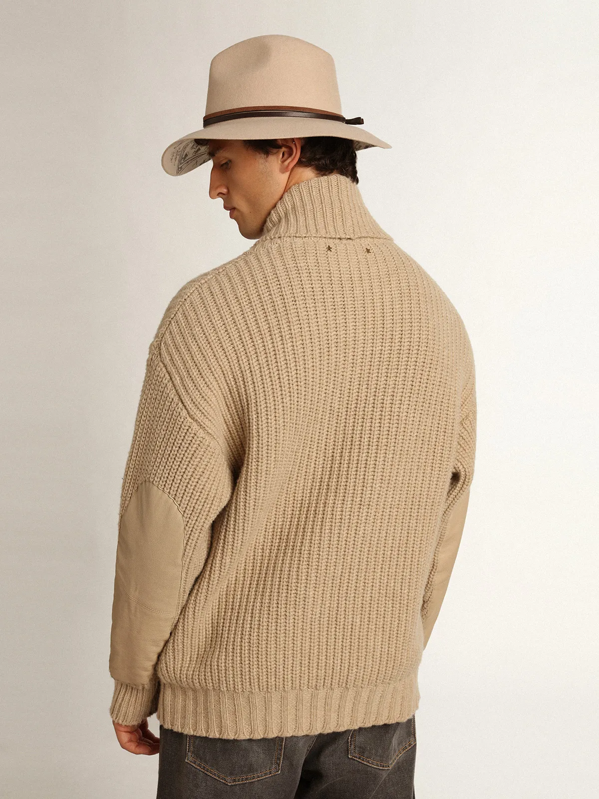 Men's double-breasted beige wool cardigan with leather patches