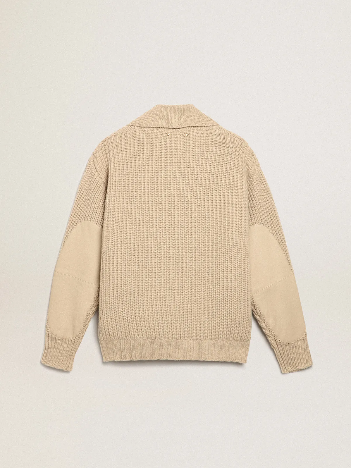 Men's double-breasted beige wool cardigan with leather patches