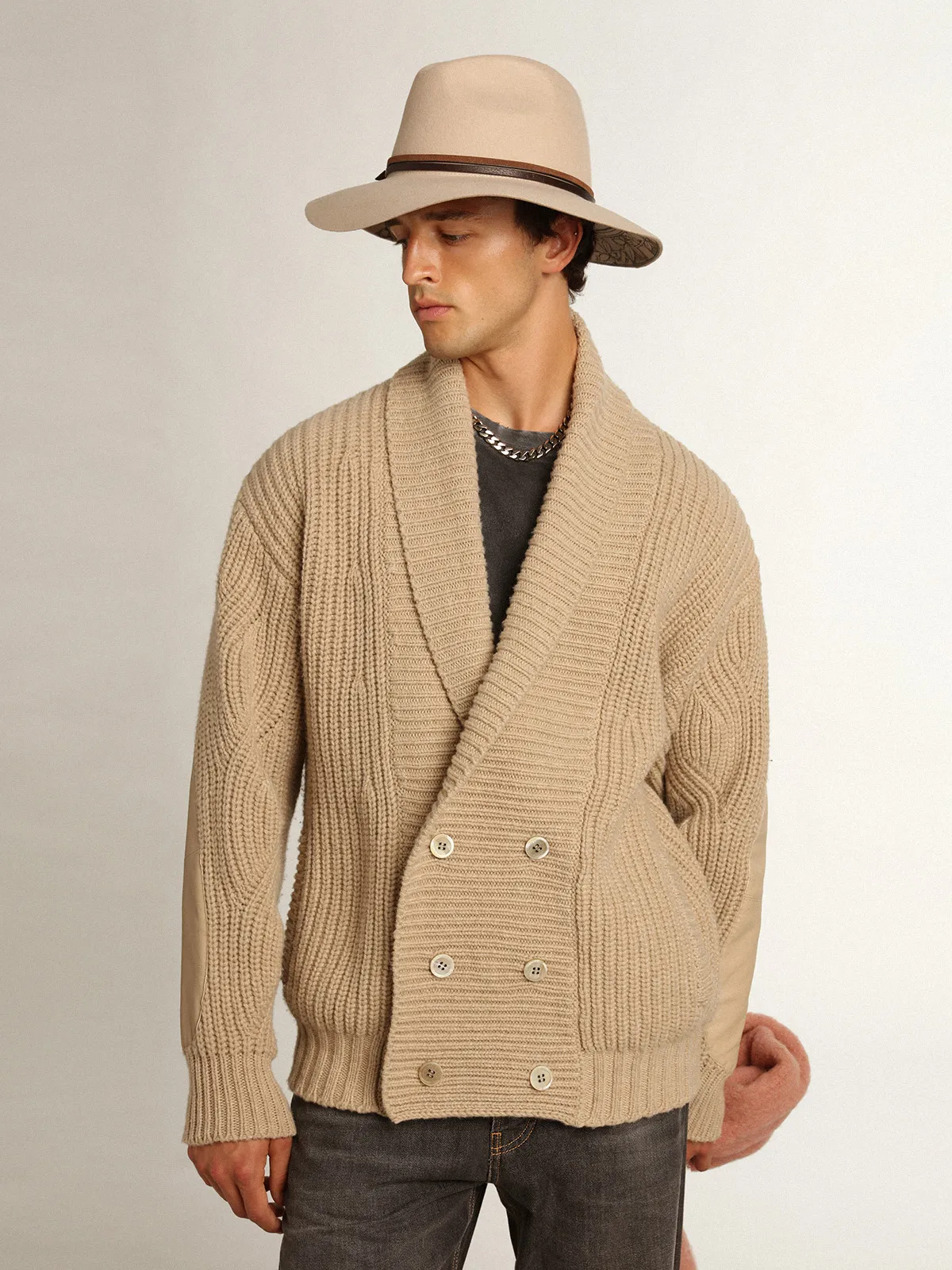 Men's double-breasted beige wool cardigan with leather patches