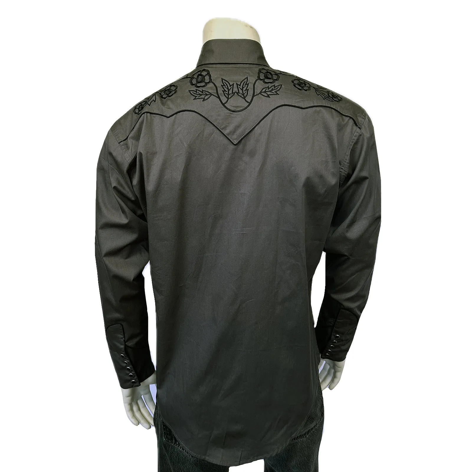 Men's Vintage Black Floral Embroidered Western Shirt In Grey