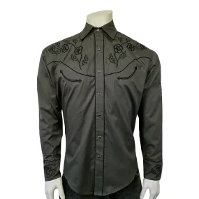 Men's Vintage Black Floral Embroidered Western Shirt In Grey