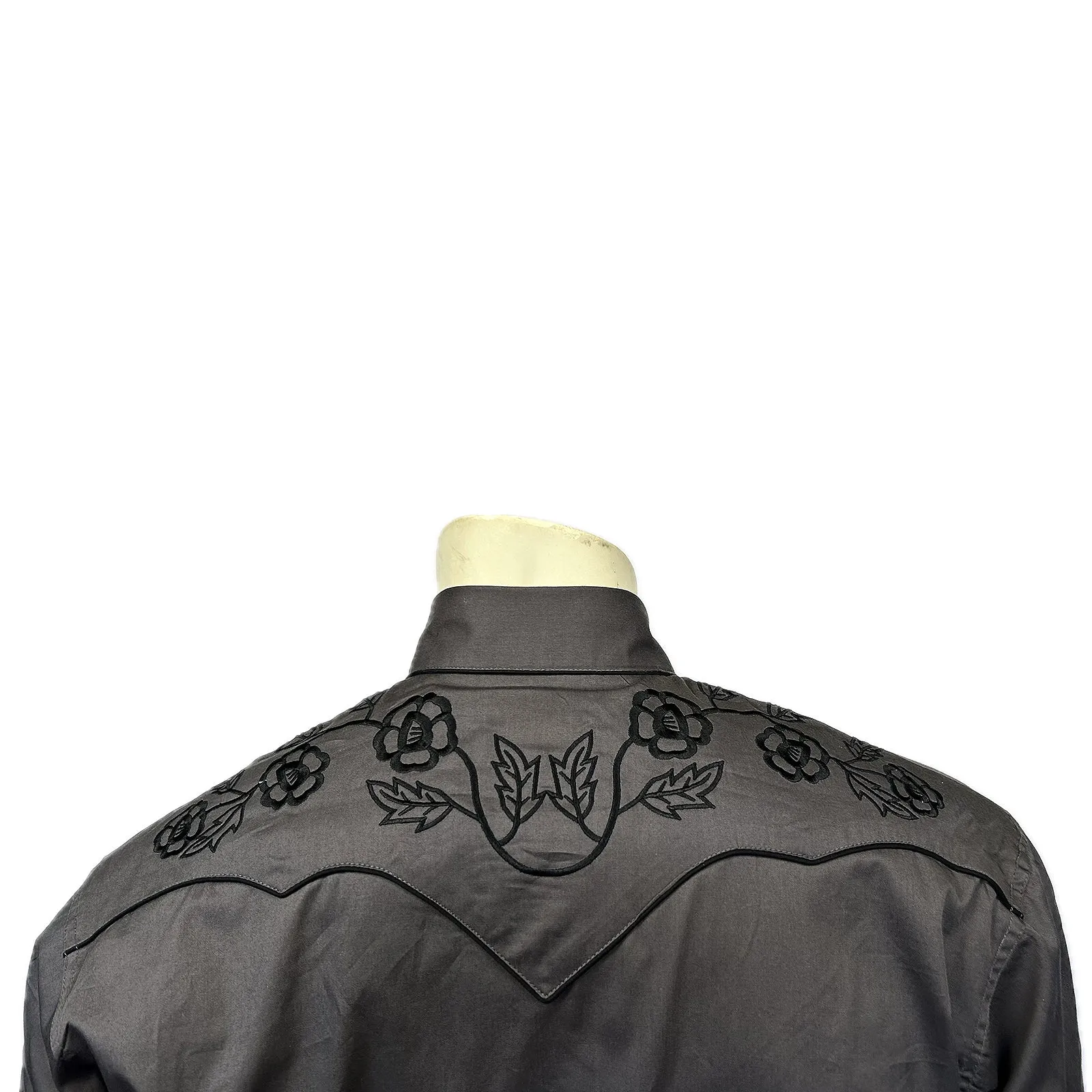 Men's Vintage Black Floral Embroidered Western Shirt In Grey