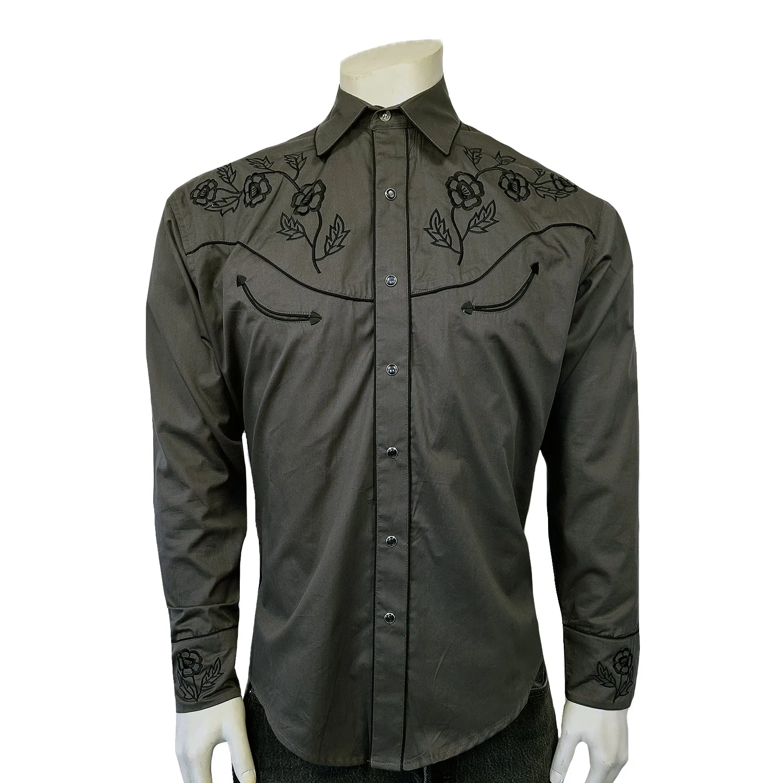 Men's Vintage Black Floral Embroidered Western Shirt In Grey