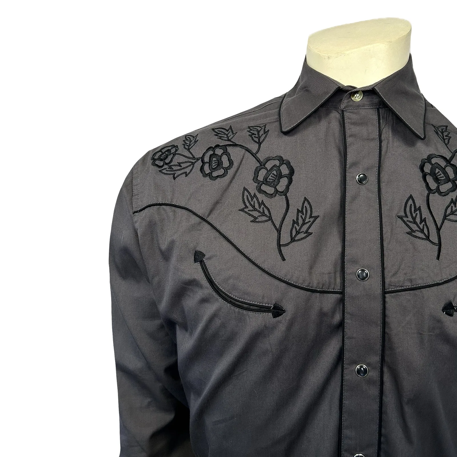 Men's Vintage Black Floral Embroidered Western Shirt In Grey