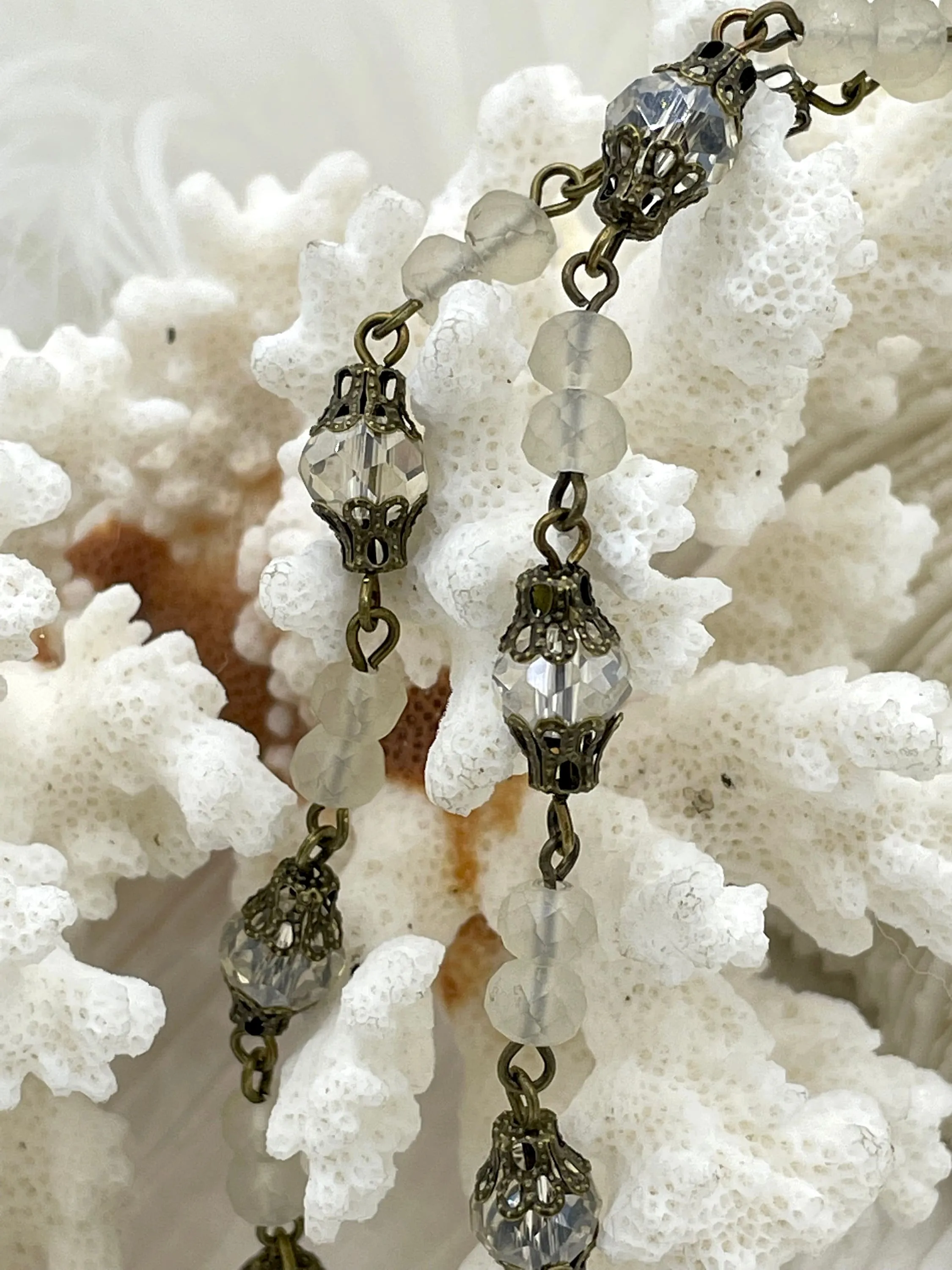 Mixed Crystal  W/Decorative Caps Clear and Beige Rosary Chain, Round & Rondelle mix. Mixed 8mm and 6mm with Bronze pin, by the foot