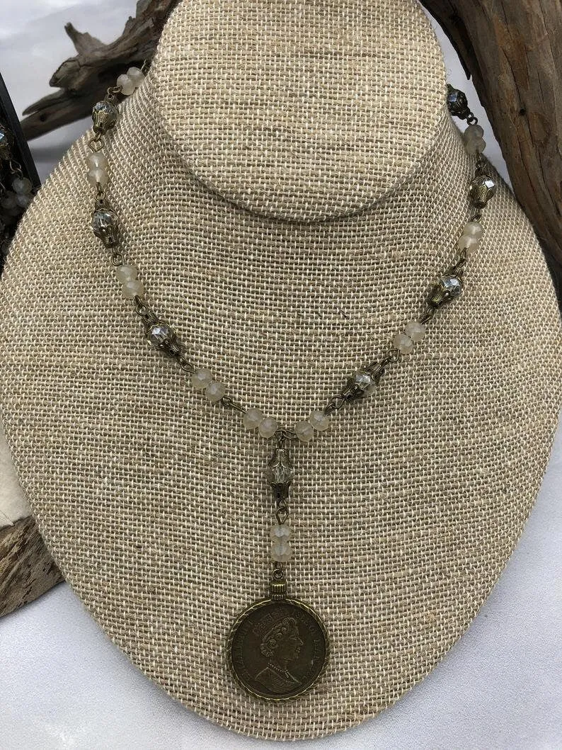 Mixed Crystal  W/Decorative Caps Clear and Beige Rosary Chain, Round & Rondelle mix. Mixed 8mm and 6mm with Bronze pin, by the foot