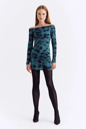 Shibori Long Sleeve Off Shoulder Mini - Green