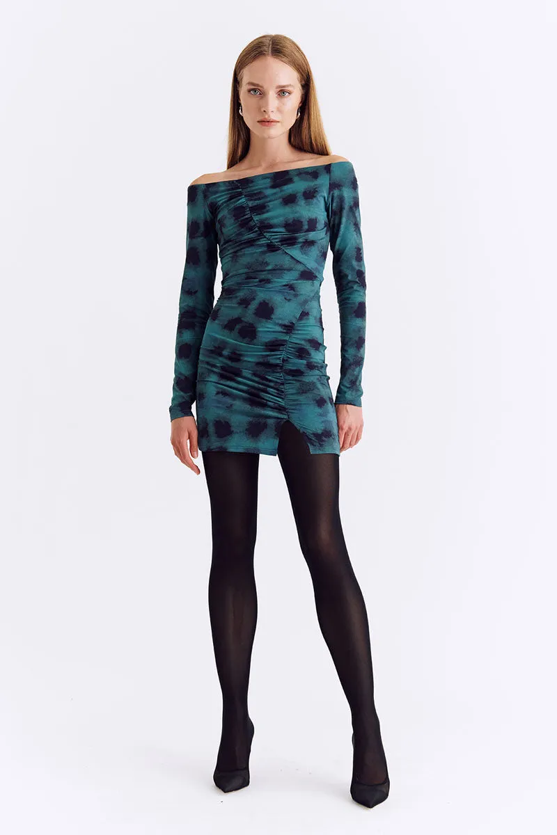 Shibori Long Sleeve Off Shoulder Mini - Green